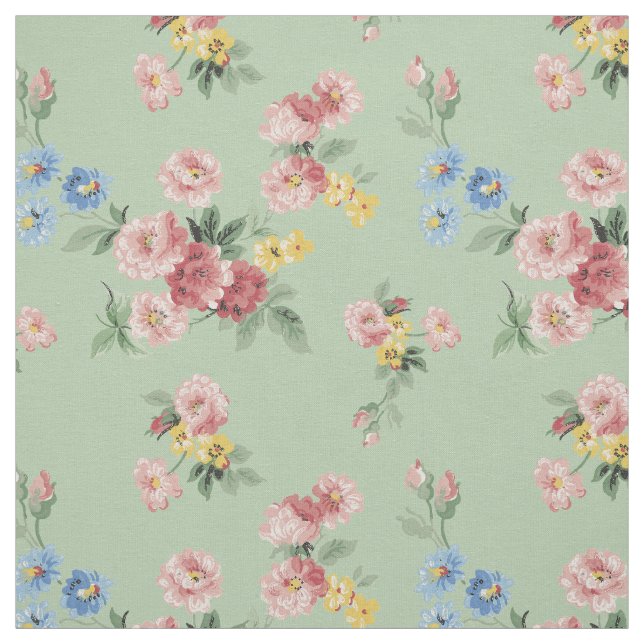 Customisable Girly Pastel Floral, Green Background Fabric (Swatch)