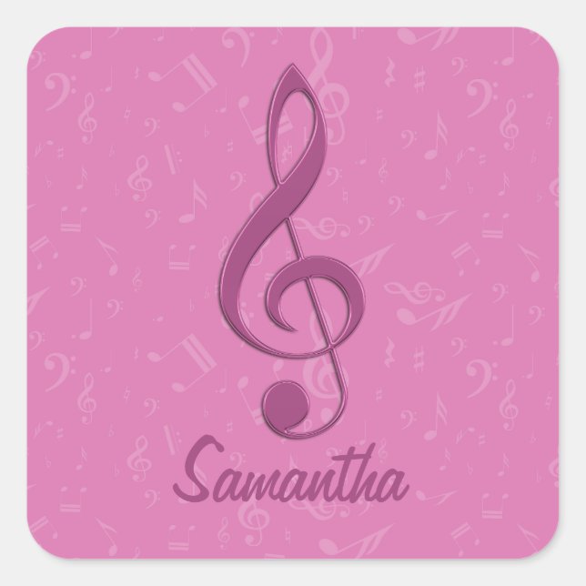 Customisable Girly Pink Clef and Musical Notes Square Sticker (Front)