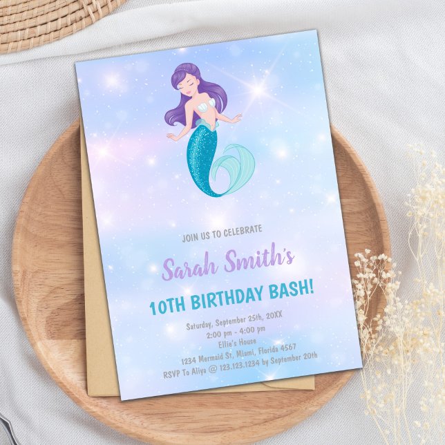 Customisable Glittery Ocean Party Invite (Purple shine Mermaid Birthday Invitations)