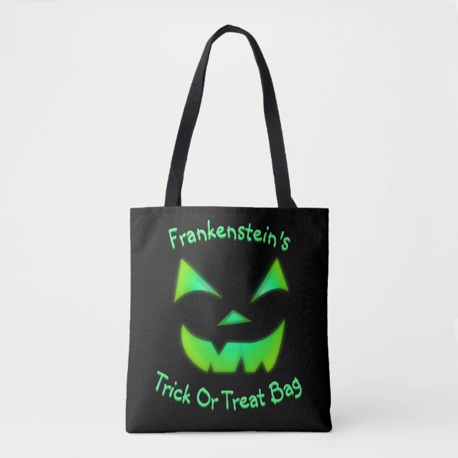 Customisable Glowing Green Jack-O-Lantern Tote Bag (Front)