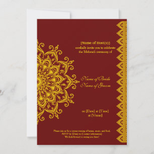 Customisable Gold Dark Red Mehendi Henna Indian Invitation
