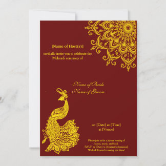 Customisable Gold Dark Red Mehendi Henna Indian Invitation
