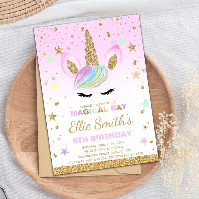 Customisable Gold Glitter Unicorn Birthday Invitation (Gold Glitter Unicorn Party Invitations)