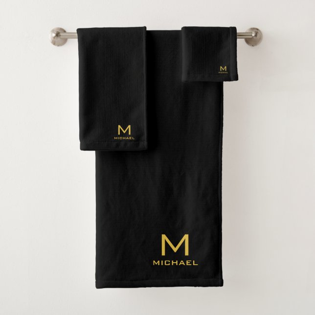 Customisable Gold Initial Monogram Name Black Bath Towel Set (Insitu)