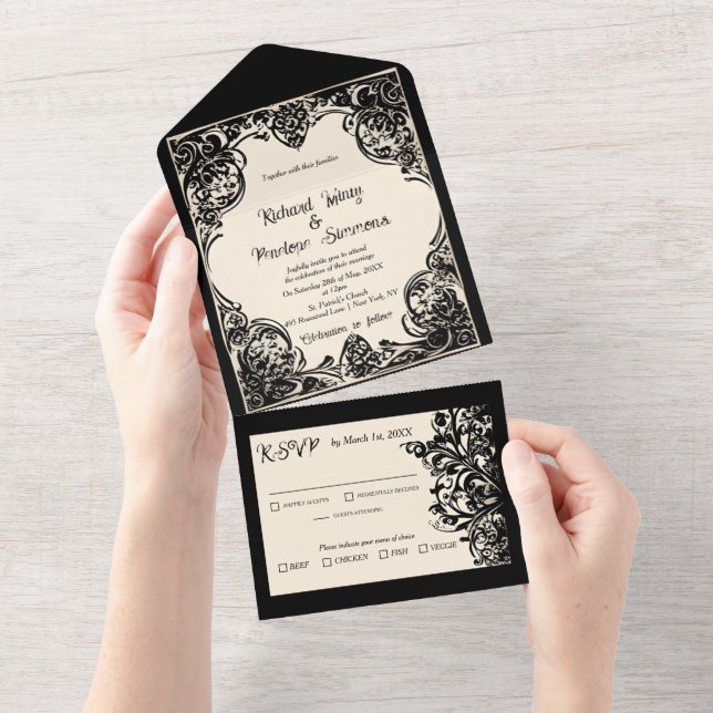 Customisable Gothic All in One Wedding Invite (Tearaway)
