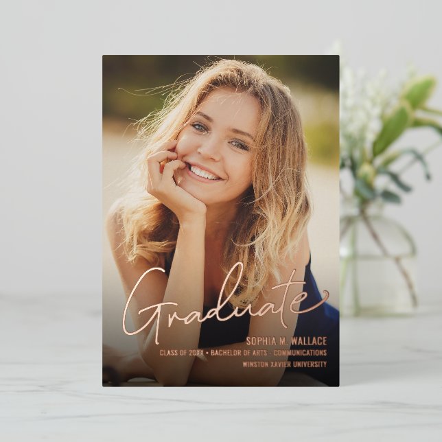 Customisable Graduate photo Class year University Foil Holiday Card (Standing Front)