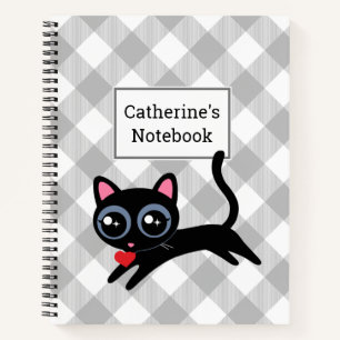 Customisable Grey Buffalo Plaid Black Kitty Cat Notebook
