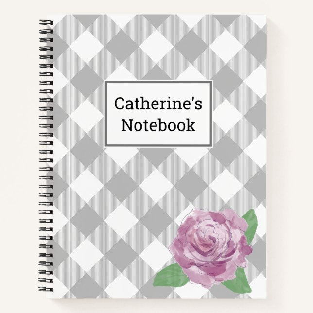 Customisable Grey Buffalo Plaid Pink Rose Notebook (Front)