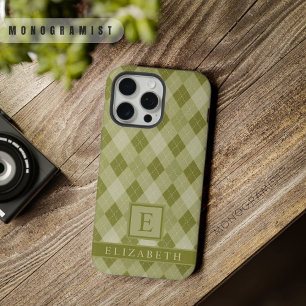 Customisable Grey Sage Olive Green Argyle Pattern iPhone 15 Pro Max Case