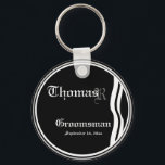 Customisable Groomsman Keepsake Keychain<br><div class="desc">Classic Black and White Groomsmans Keepsake Keychain. Replace Groomsmans First Name and last name initial with correct information, and the date of your marriage, on this elegant keepsake Keychain, in the "Personalise It" box on the right of this product page. You may choose to change and/or delete any of the...</div>