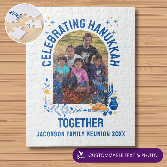 Customisable HANUKKAH FAMILY REUNION Souvenir Jigsaw Puzzle (CELEBRATING HANUKKAH TOGETHER jigsaw with customizable text and photo. Ideal Chanukah gift.)