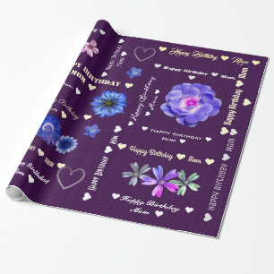 Customisable Happy Birthday Mum Eggplant Floral Wrapping Paper