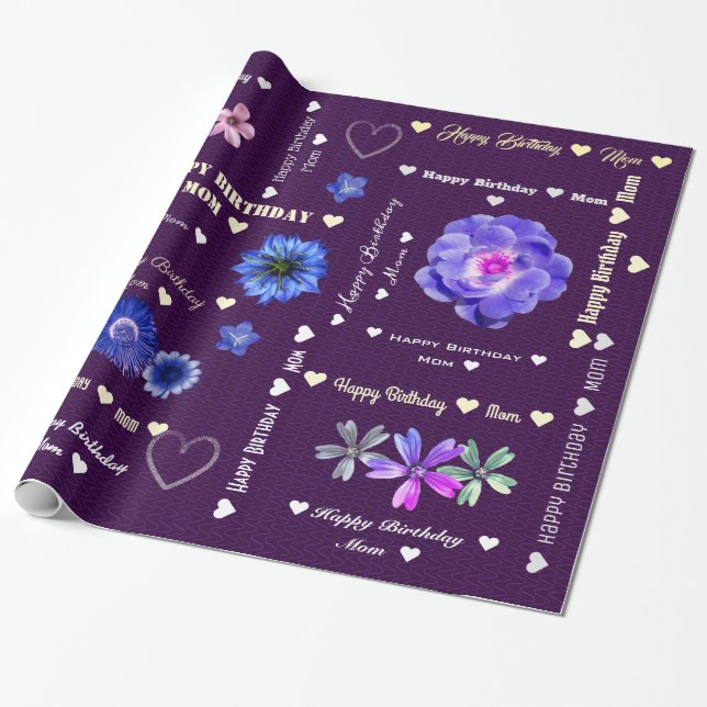 Customisable Happy Birthday Mum Eggplant Floral Wrapping Paper (Unrolled)