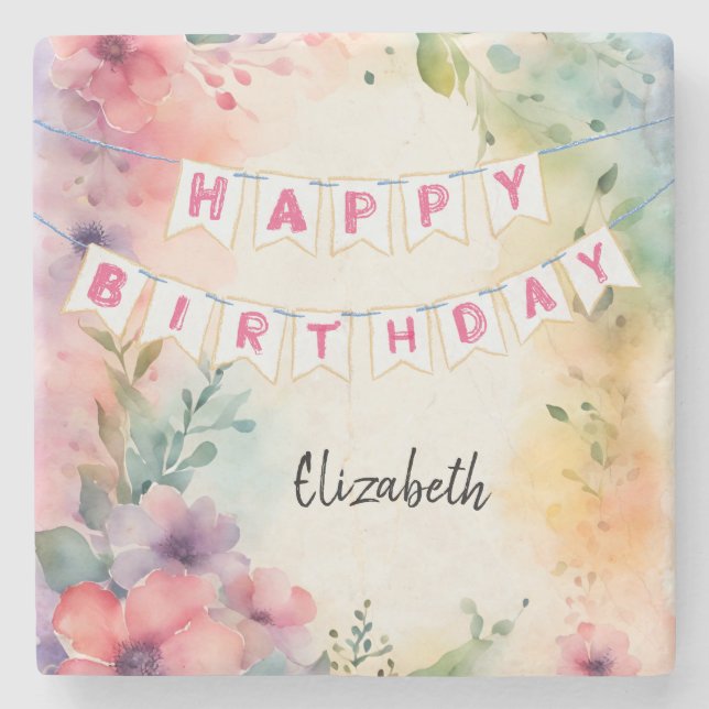 Customisable Happy Birthday Stone Coaster (Front)