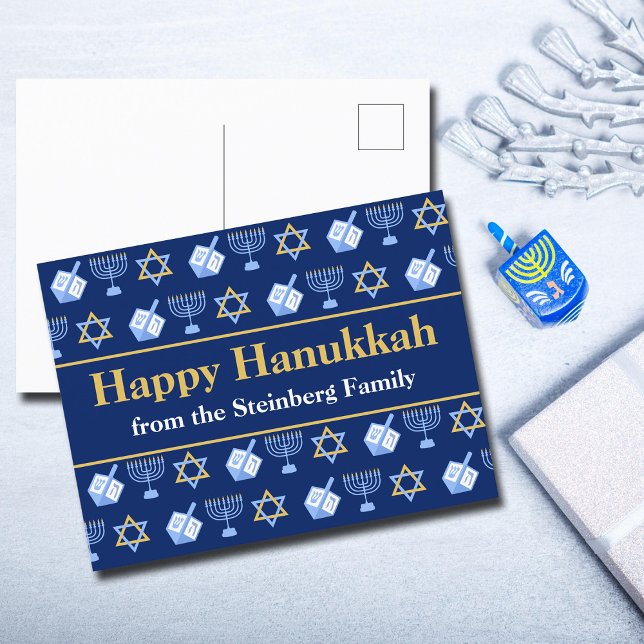 Customisable Happy Hanukkah Blue Pattern Holiday Postcard (Creator Uploaded)