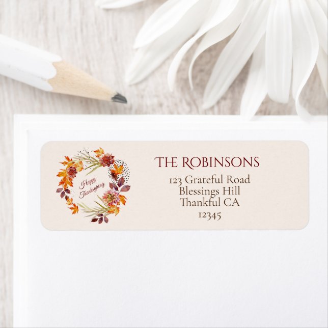 Customisable Happy Thanksgiving Floral Wreath Return Address Label (Insitu)
