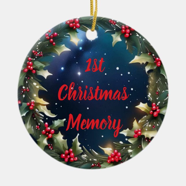 Customisable Holly Berry Wreath Keepsake Memory Ceramic Ornament (Front)