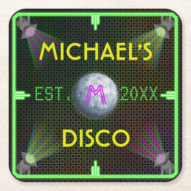 Customisable Home Bar 1970's Disco Ball Square Paper Coaster (Front)