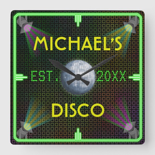 Customisable Home Bar 1970's Disco Ball Square Wall Clock (Front)