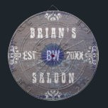 Customisable Home Bar Beer Saloon Dartboard<br><div class="desc">Create your own country western style (rustic American wild west) home bar dart board using this easy, diy template. Made to look like old wood with plenty of vintage flourishes in shades of white, grey and blue, this dart board can be personalised with your own name, initials / monogram and...</div>