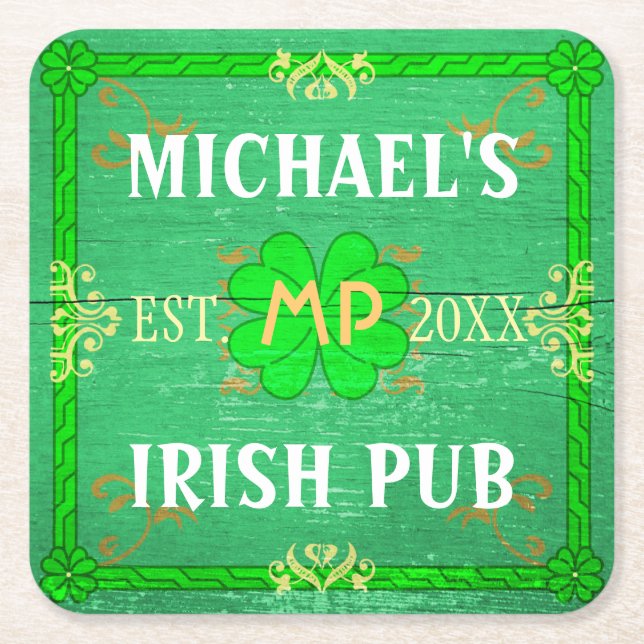 Customisable Home Bar Irish Pub Green Square Paper Coaster (Front)