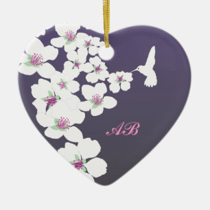 Customisable: Hummingbird and blossom on purple Ceramic Ornament