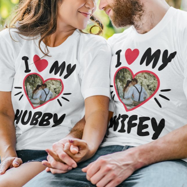 Customisable I Love My [Hubby/Wifey] T-Shirt (Couple look at eachother with matching shirt that say: "I love My Hubby, I Love My Wifey".)