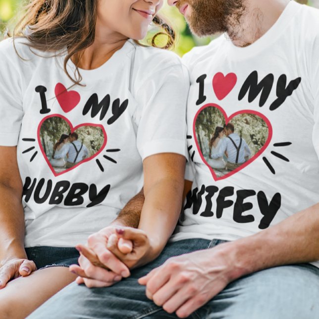 Customisable [I Love My WIFEY/HUBBY] T-Shirt (Couple wearing matching shirts that say: "I love my wifey, I love my hubby.")