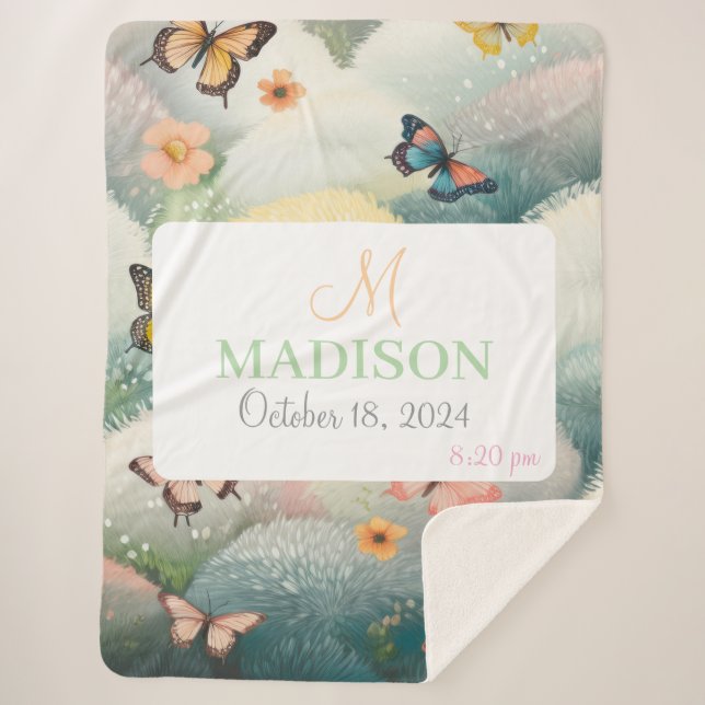 Customisable Insect With Name, Monogram & Birthday Sherpa Blanket (Front)