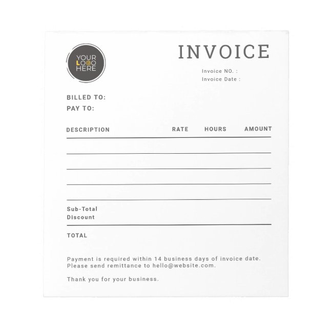 Customisable Invoice Receipt for Small Businesses Notepad (Front)
