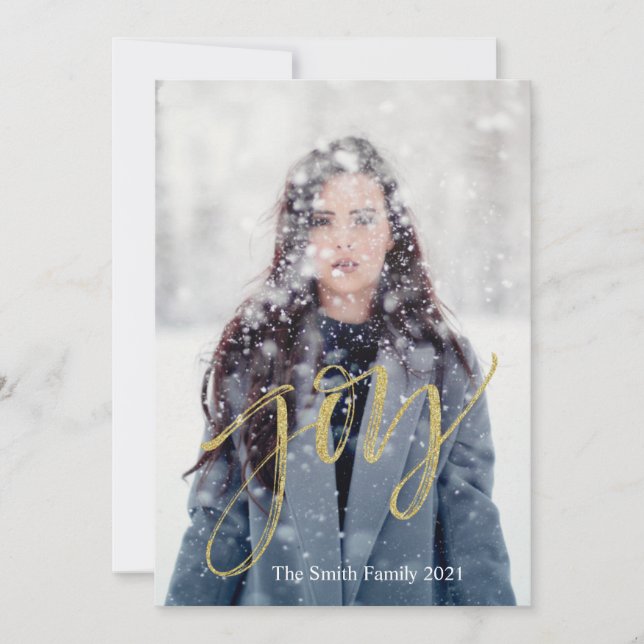 Customisable Joy Faux Gold Script Holiday Card (Front)