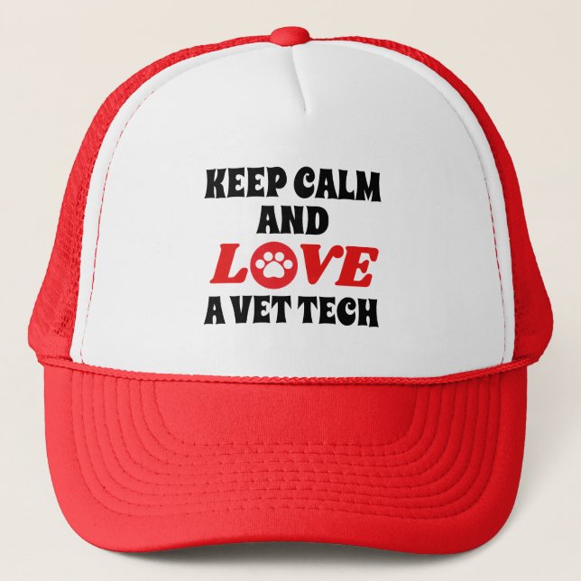 Customisable Keep Calm and Love a Vet Tech Trucker Hat (Front)