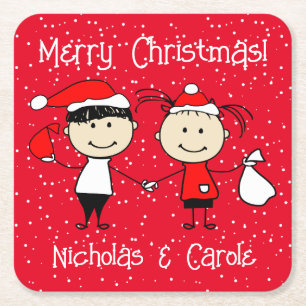 Customisable Kids and Adult Couples Christmas Square Paper Coaster