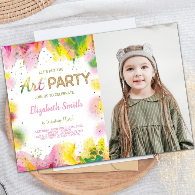 Customisable Kids Party Invitations (Orange Pink Paint Birthday Invitations with photo)