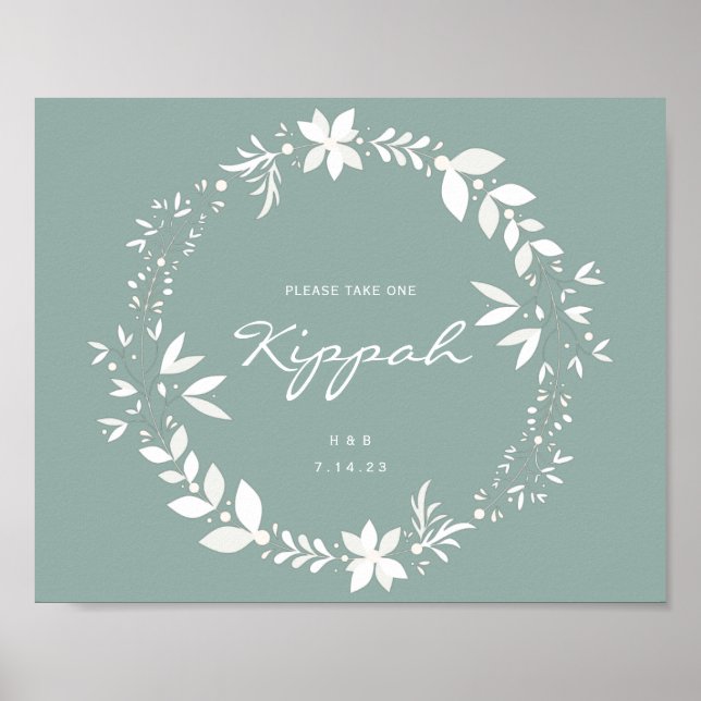 Customisable Kippah Wedding Sign, White & Green Po Poster (Front)
