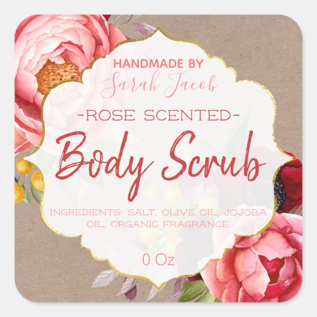 Customisable Kraft Floral Body Scrub Label (Front)