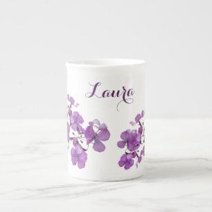Customisable Laura name monogram purple floral Bone China Mug