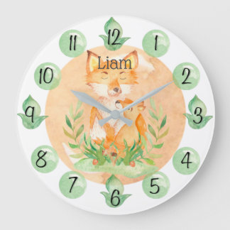 Customisable Leaf Baby Fox Nursery Clock Large