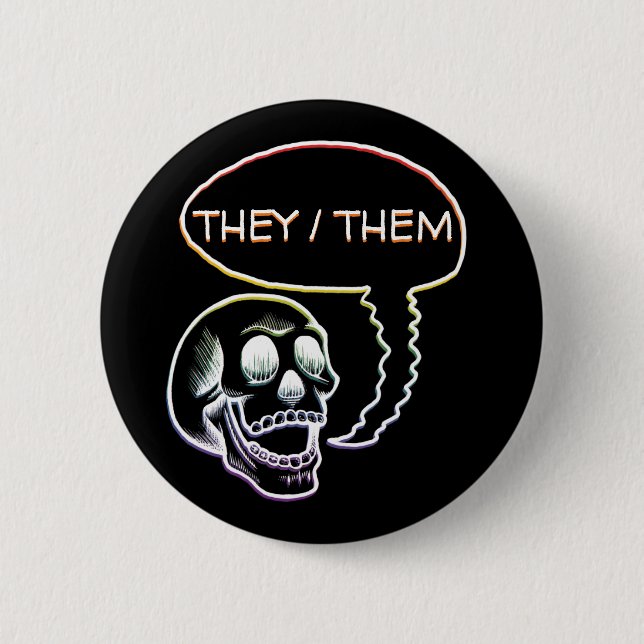 Customisable LGBTQIA+ Rainbow Pride Pronouns Skull 6 Cm Round Badge (Front)