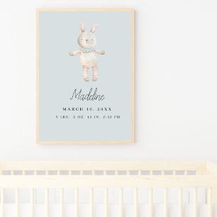 Customisable Light Blue Pink Bunny Nursery Poster