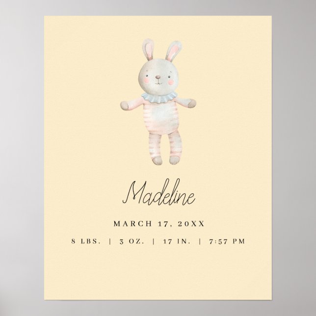 Customisable Light Yellow Pink Bunny Nursery Poster (Front)