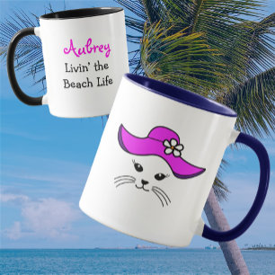 Customisable Little Cat Beach Girl Mug