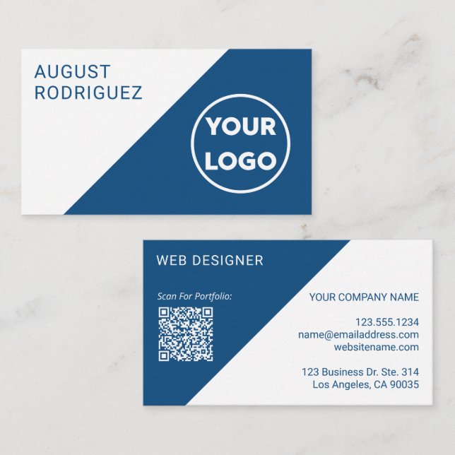 Customisable Logo QR Code Blue White Geometric Business Card (Front/Back)