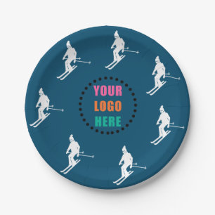 Customisable Logo Skiers Skiing Ski Blue White Paper Plate
