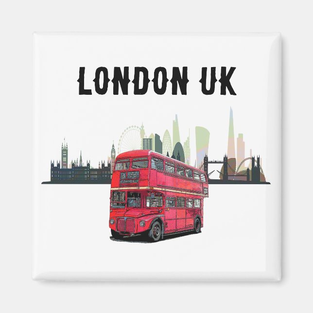 Customisable London Skyscape Red Bus Souvenir Magnet (Front)