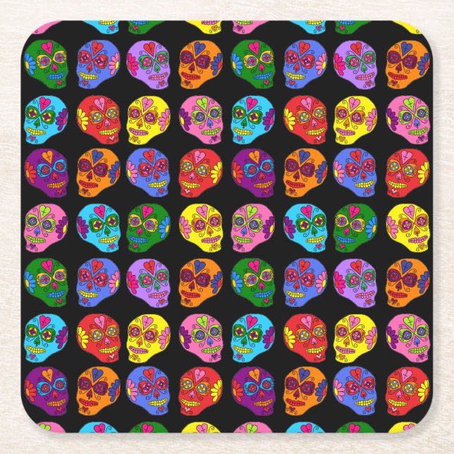Customisable Lucha Libre Sugar Skulls Square Paper Coaster (Front)