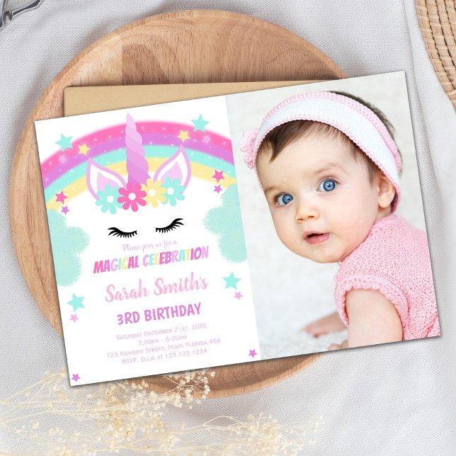 Customisable Magical Party Card for Kids (Green Cloud Unicorn Birthday Invitations photo)