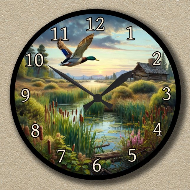 Customisable Mallard Flying Over a Tranquil Lake Round Clock (Creator Uploaded)