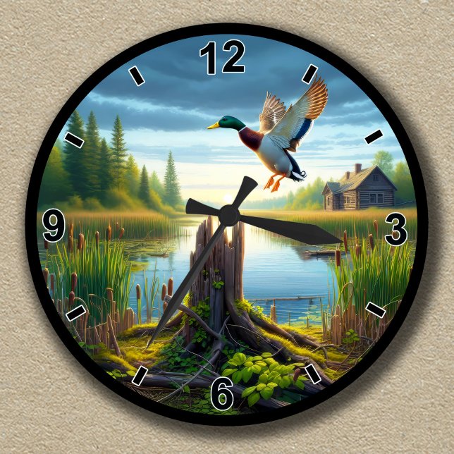 Customisable Mallard Flying Over a Tranquil Lake Round Clock (Creator Uploaded)