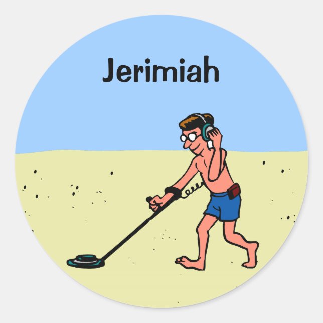 Customisable Man Metal Detecting On Beach Classic Round Sticker (Front)